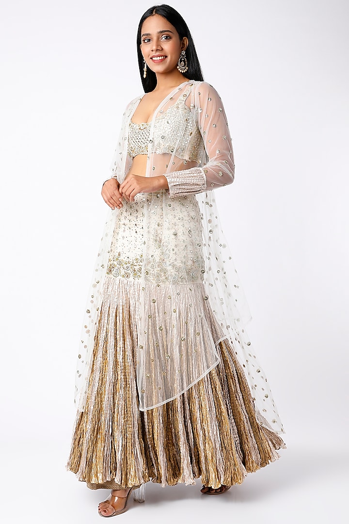 Ivory & Gold Metallic Flared Skirt Set by Etasha by Asha Jain