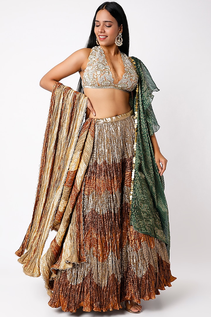 Silver & Brown Tissue Gota Metallic Wedding Lehenga Set by Etasha by Asha Jain at Pernia's Pop Up Shop
