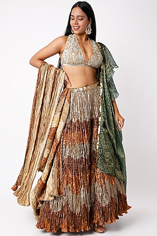 Silver & Brown Tissue Gota Metallic Lehenga Set  by Etasha by Asha Jain