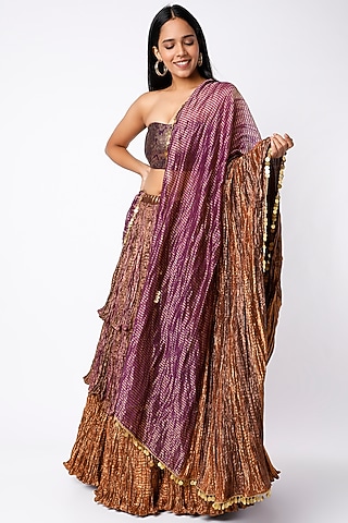 Rust Brown Gota & Tissue Printed Crushed Lehenga Set by Etasha by Asha Jain