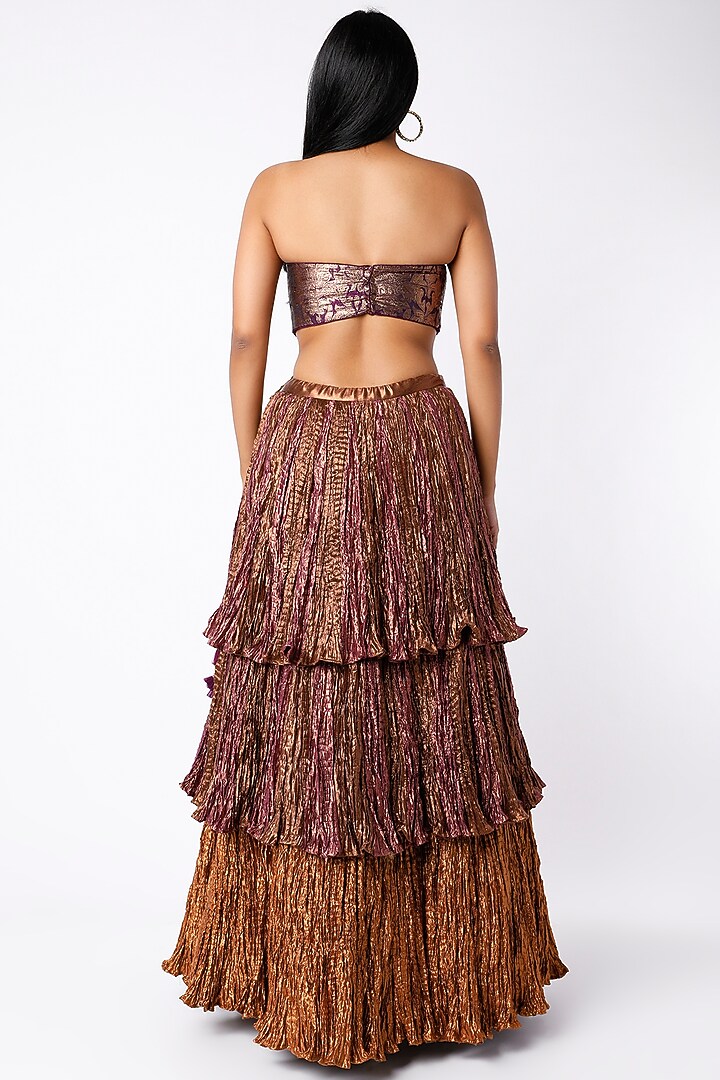 Rust Brown Gota & Tissue Printed Crushed Wedding Lehenga Set by Etasha by Asha Jain at Pernia's Pop Up Shop