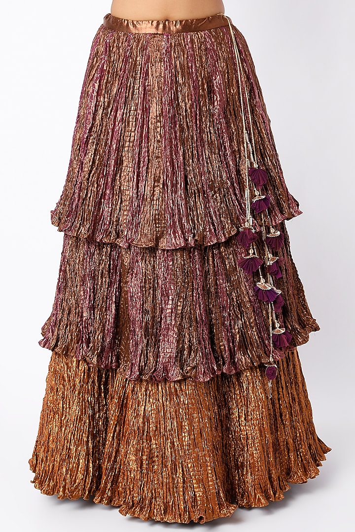 Rust Brown Gota & Tissue Printed Crushed Wedding Lehenga Set by Etasha by Asha Jain at Pernia's Pop Up Shop