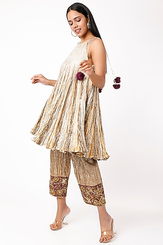 Silver & Gold Metallic Flared Kurta Set by Etasha by Asha Jain