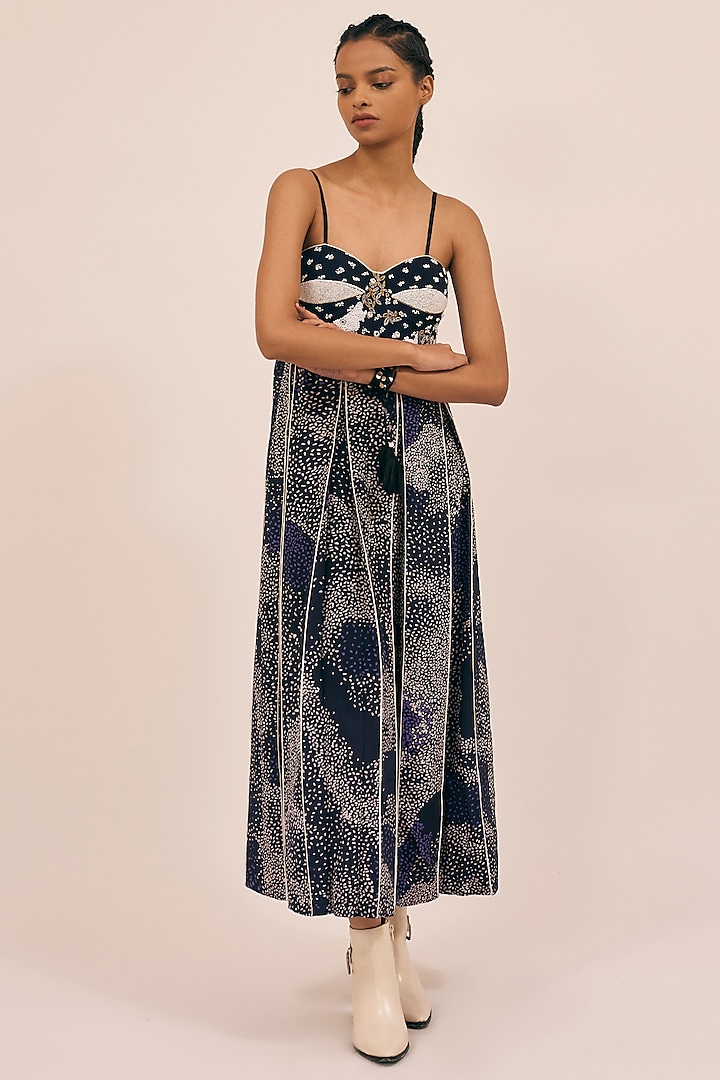 Midnight Blue Natural Silk Hand Embroidered Ink Dyed Maxi Dress by AMKA INDIA