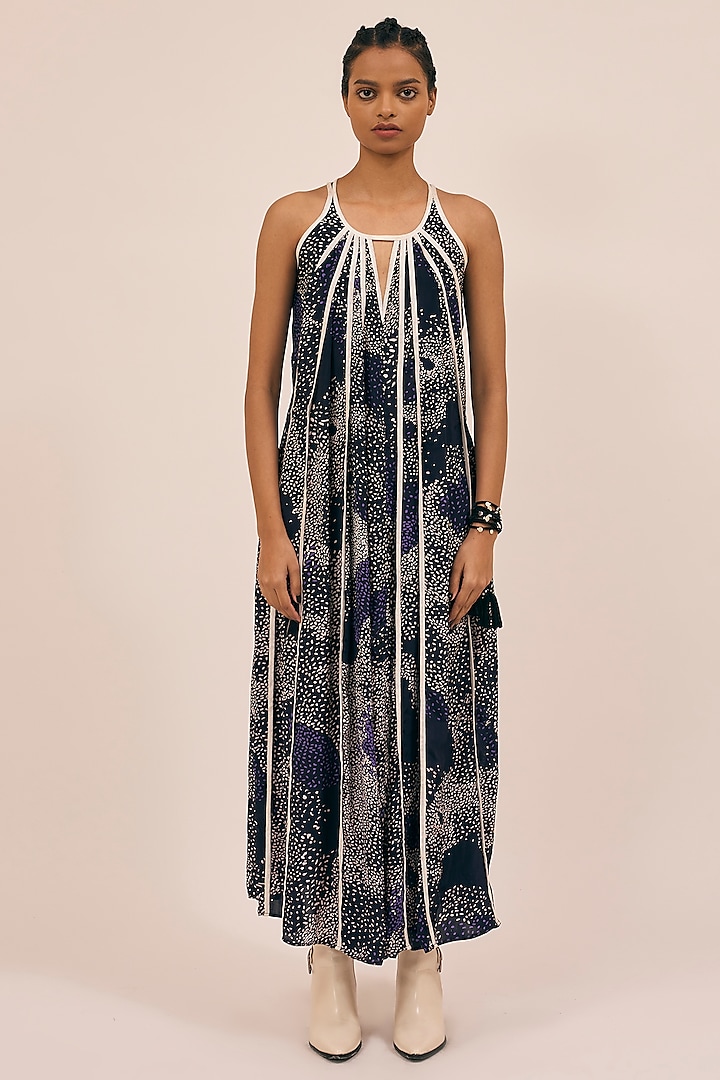 Midnight Blue Natural Silk Ink Dyed Maxi Dress by AMKA INDIA