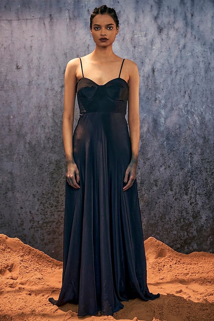 Midnight Blue Natural Silk Maxi Dress by AMKA INDIA