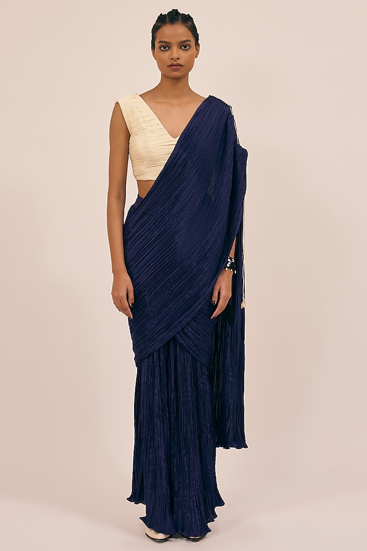 Blue Natural Silk Pleated Saree Set by AMKA INDIA