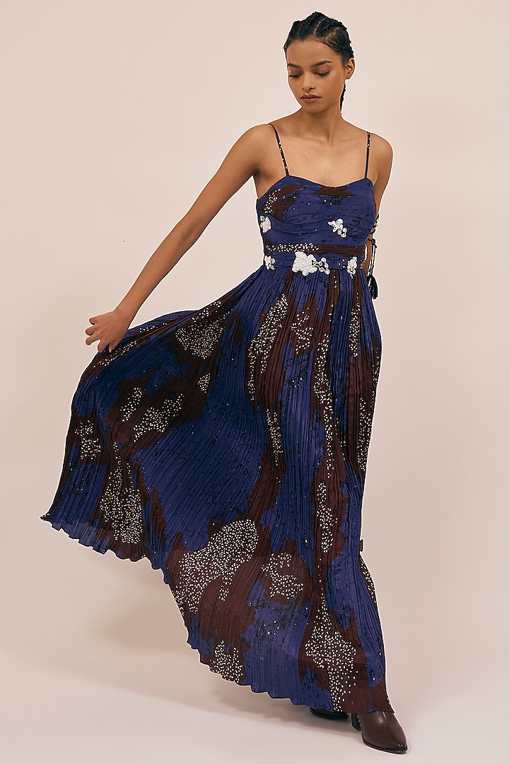Landscape Blue Natural Silk Printed & Work Maxi Dress by AMKA INDIA