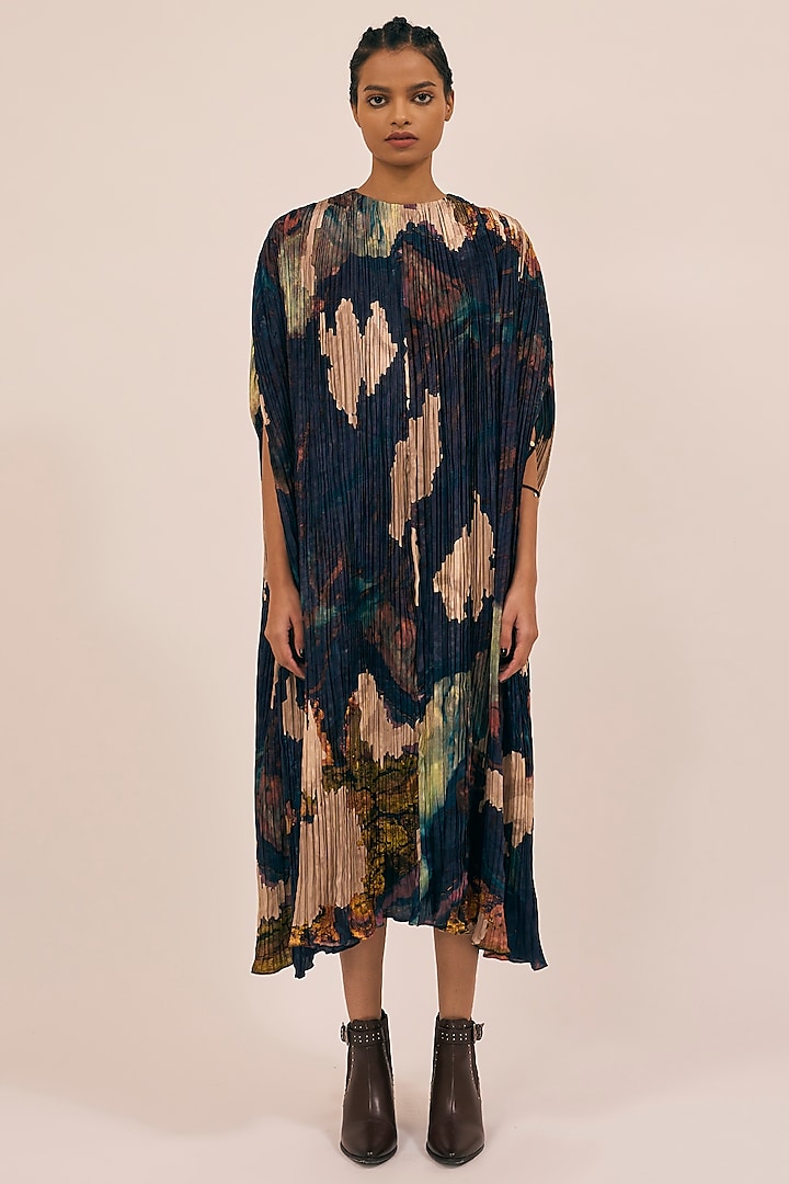Multi-Colored Natural Silk Ink Dyed Kaftan Dress by AMKA INDIA