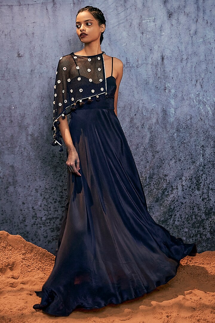 Blue Natural Silk Maxi Dress With Cape by AMKA INDIA