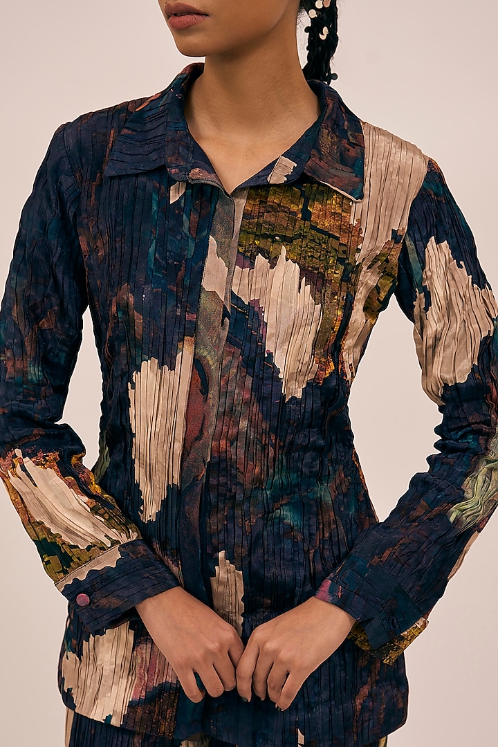 Midnight Blue Natural Silk Ink Dyed Shirt by AMKA INDIA