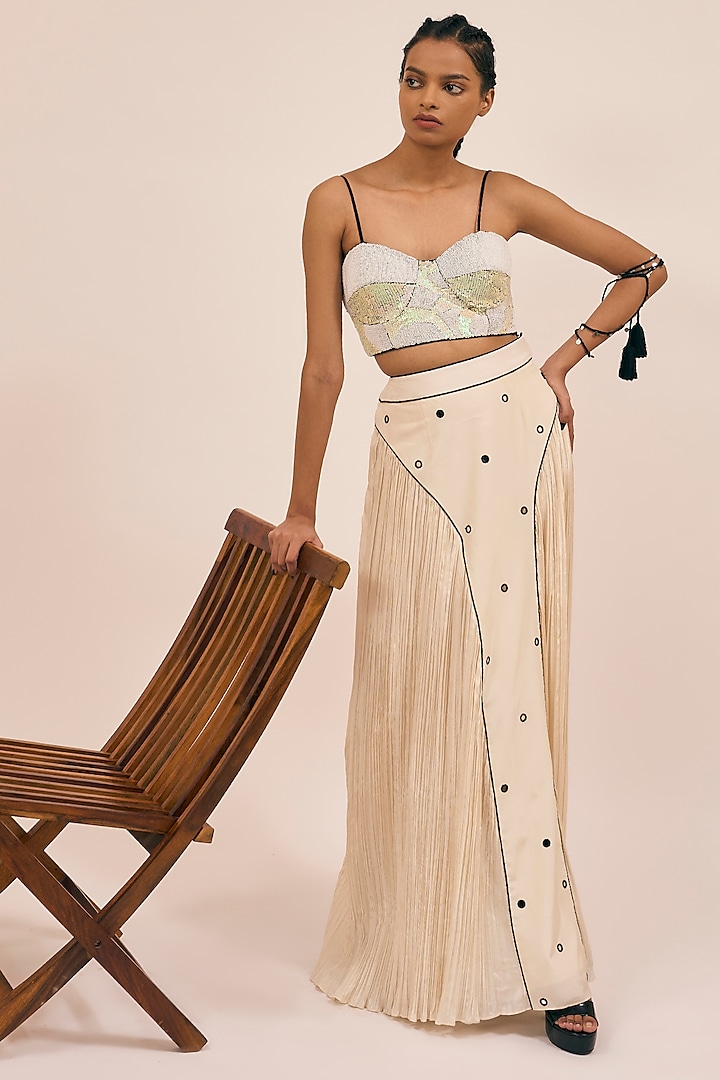 Cream White Natural Silk Skirt Set by AMKA INDIA