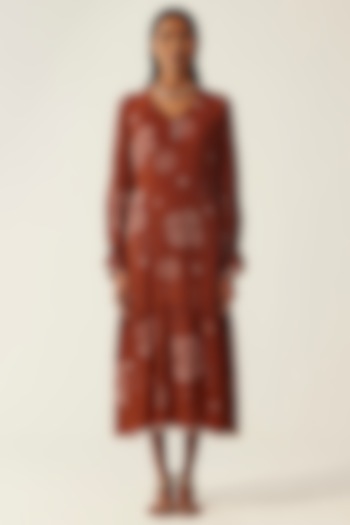 Cinnamon Brown Crepe Ink Dye Printed & Embroidered Dress by AMKA INDIA
