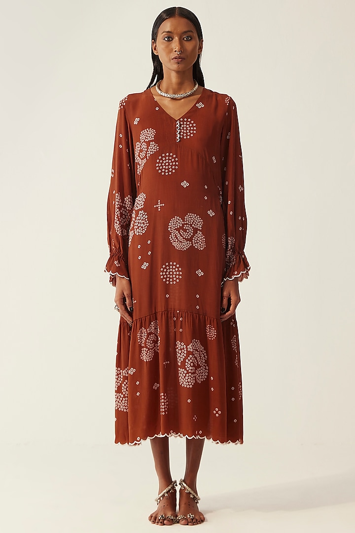 Cinnamon Brown Crepe Ink Dye Printed & Embroidered Dress by AMKA INDIA