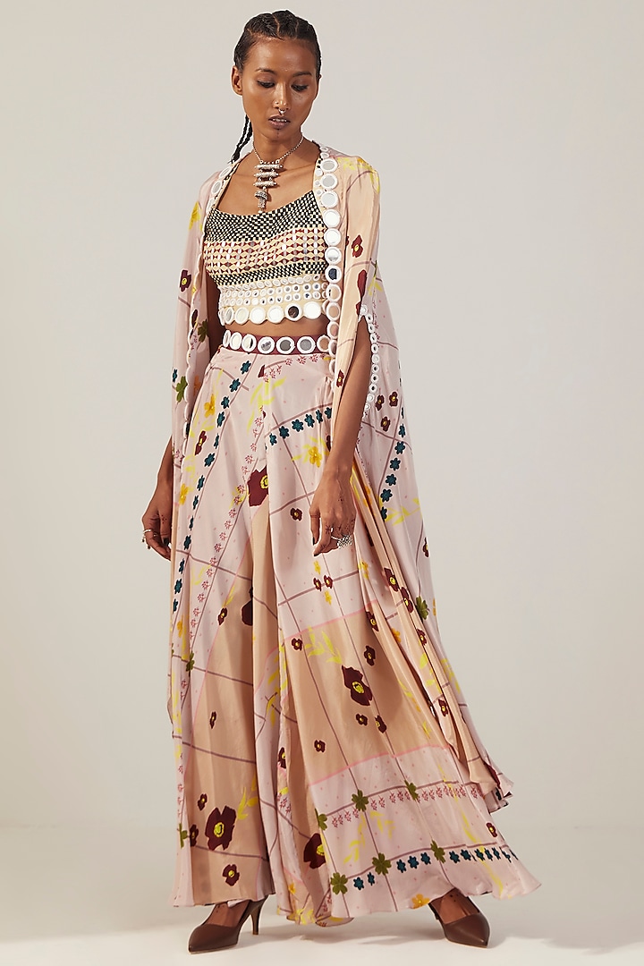 Wheatgrass Beige Crepe Ink Dye Printed & Embroidered Cape Set by AMKA INDIA