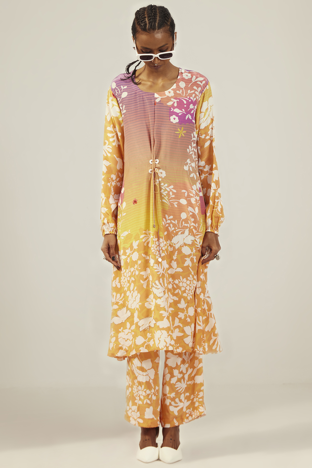 Apricot Yellow Orange Crepe Ink Dye Printed Kurta Set by AMKA INDIA