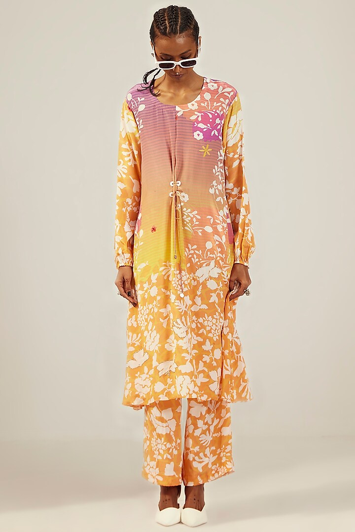 Apricot Yellow Orange Crepe Ink Dye Printed Kurta Set by AMKA INDIA