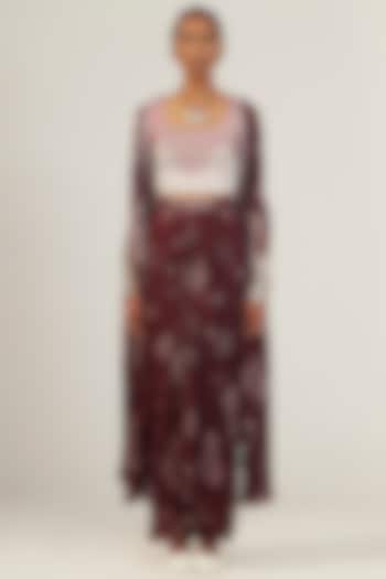 Rosewood Maroon Chiffon Ink Dye Printed Draped Skirt Set by AMKA INDIA
