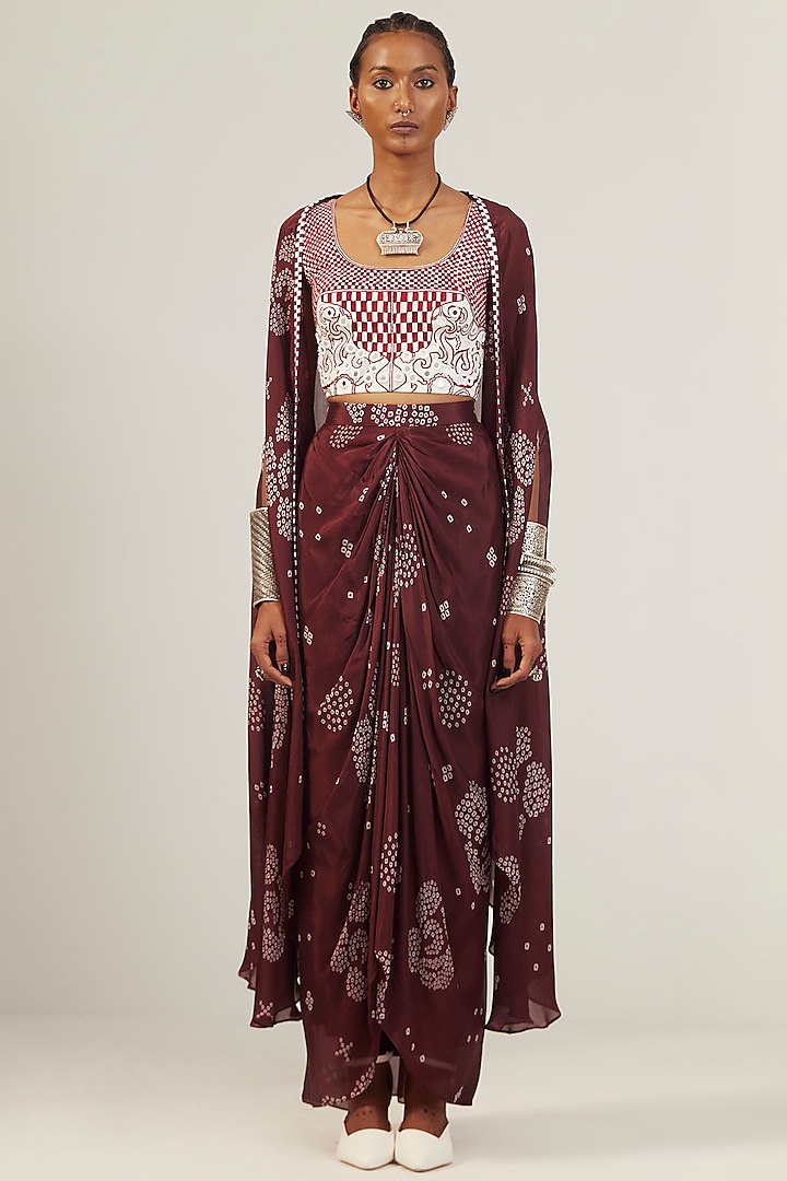 Rosewood Maroon Chiffon Ink Dye Printed Draped Skirt Set by AMKA INDIA