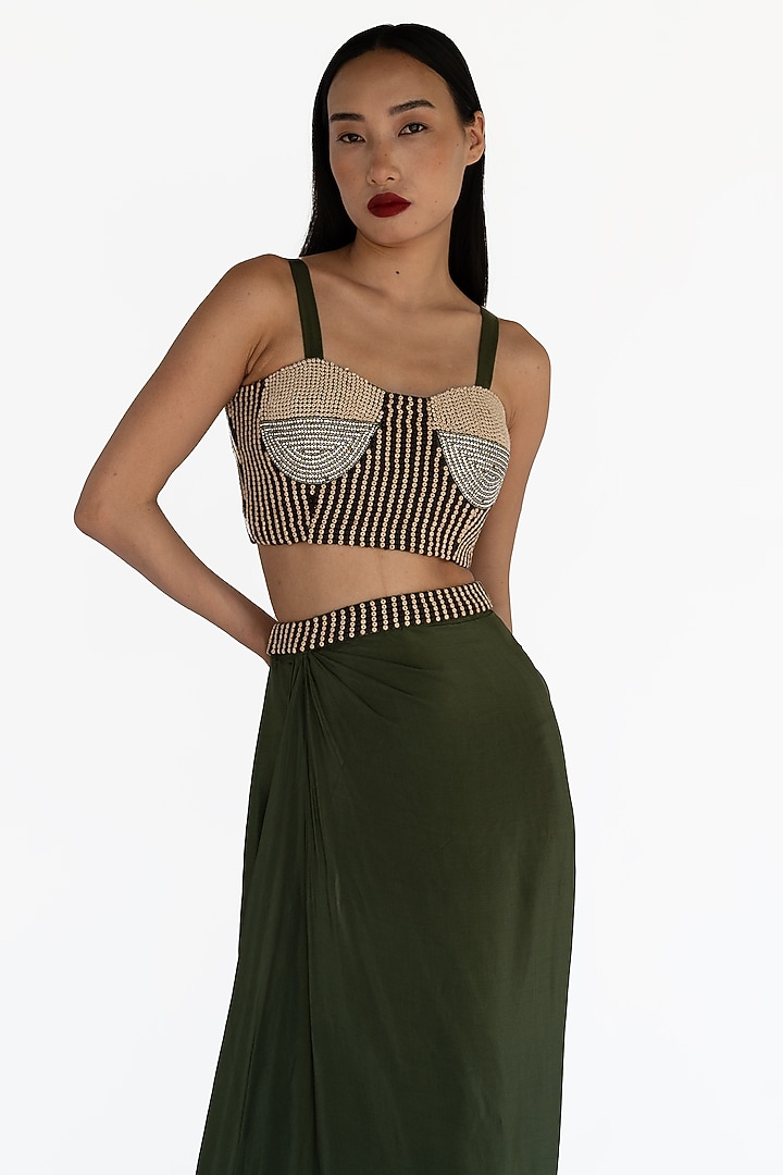 Emerald Green Natural Silk Draped Skirt Set by AMKA at Pernia's Pop Up Shop