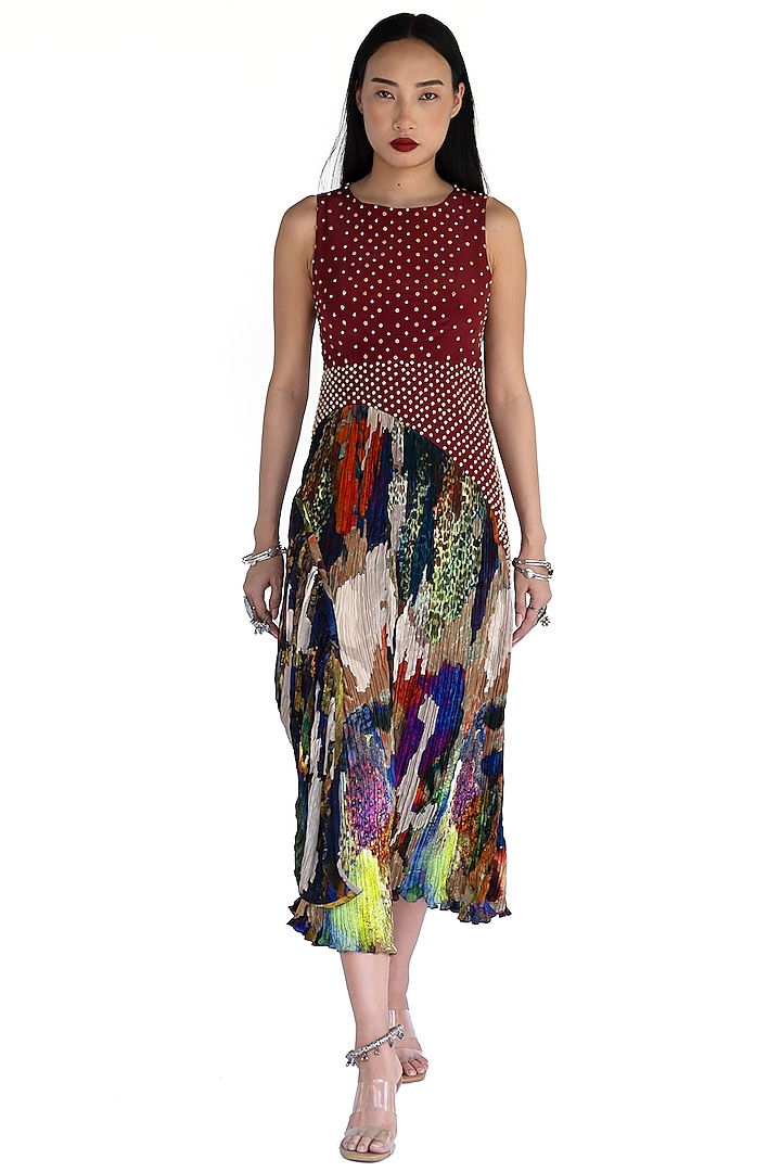 Multi-Colored Natural Silk Mosaic Printed Midi Summer Dress by AMKA INDIA at Pernia's Pop Up Shop