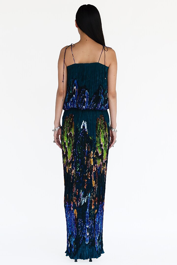 Midnight Blue Natural Silk Hand Pleated Draped Skirt Set by AMKA at Pernia's Pop Up Shop