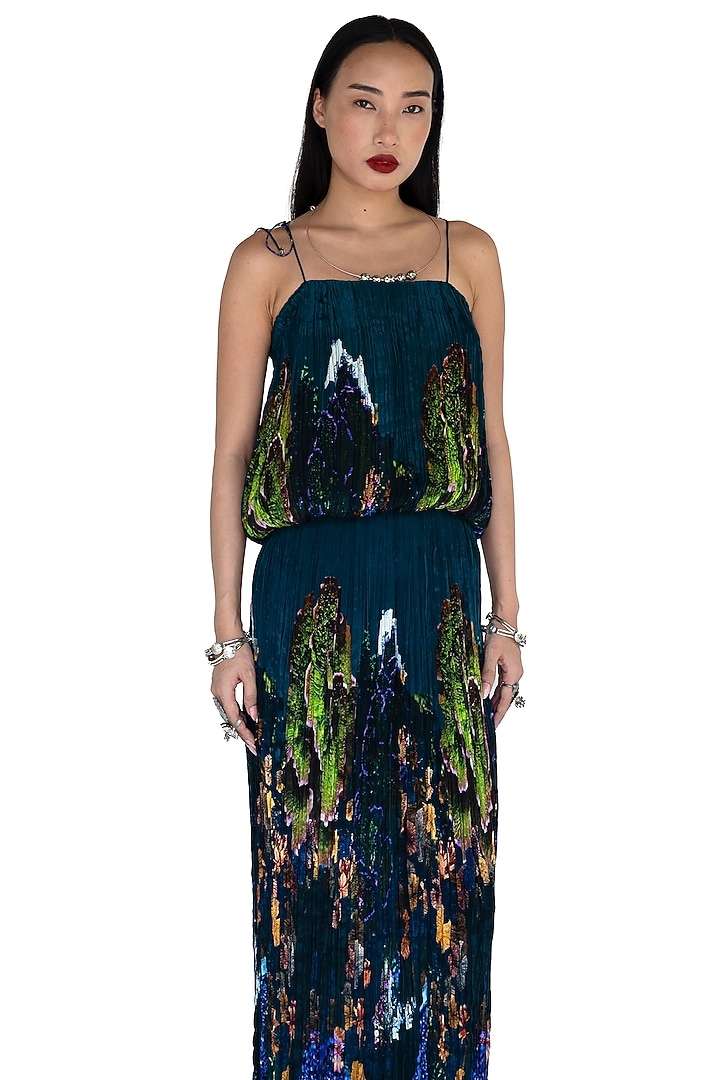 Midnight Blue Natural Silk Hand Pleated Draped Skirt Set by AMKA at Pernia's Pop Up Shop