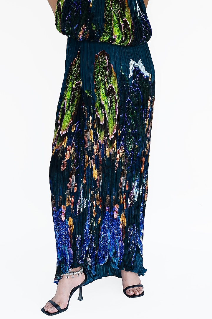 Midnight Blue Natural Silk Hand Pleated Draped Skirt Set by AMKA at Pernia's Pop Up Shop