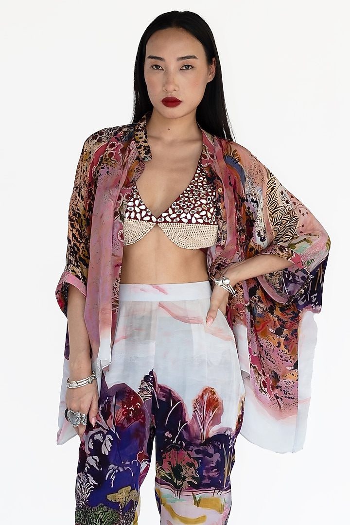 Rose Pink Natural Silk Landscape Printed Co-Ord Set by AMKA at Pernia's Pop Up Shop