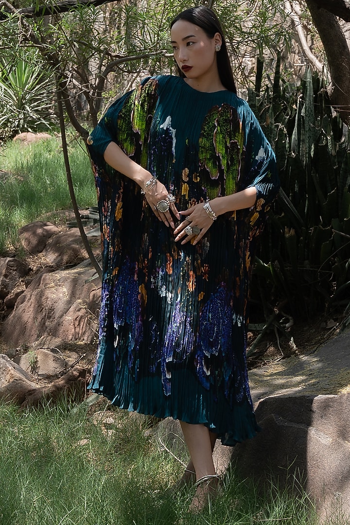 Midnight Blue Natural Silk Kaftan Vacation Dress by AMKA INDIA at Pernia's Pop Up Shop