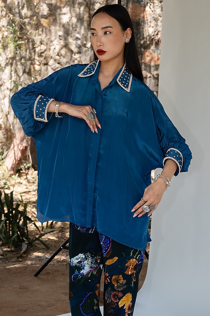 Midnight Blue Natural Silk Co-Ord Set by AMKA at Pernia's Pop Up Shop