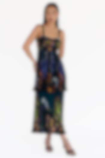 Midnight Blue Natural Silk Landscape Printed Pleated Summer Dress by AMKA INDIA at Pernia's Pop Up Shop