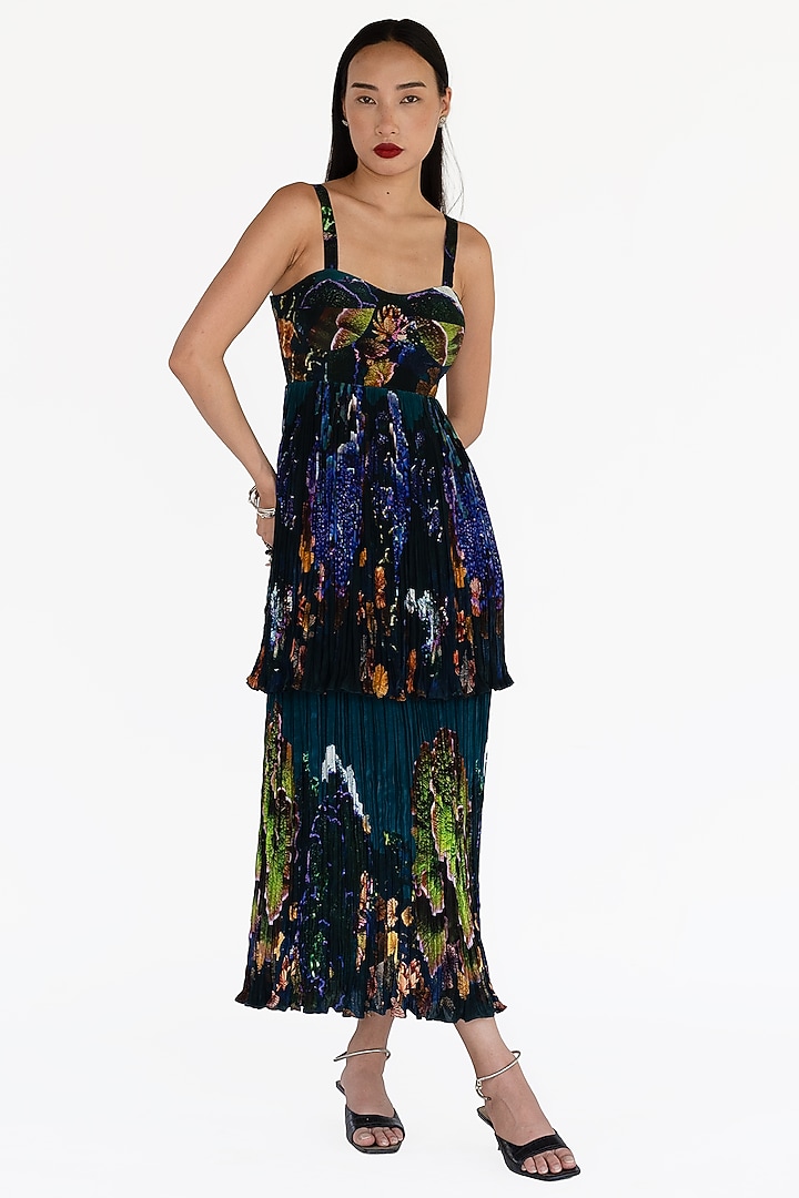 Midnight Blue Natural Silk Landscape Printed Pleated Summer Dress by AMKA INDIA at Pernia's Pop Up Shop