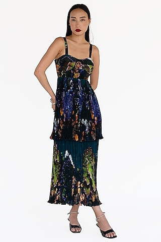 Midnight Blue Natural Silk Landscape Printed Pleated Dress by AMKA