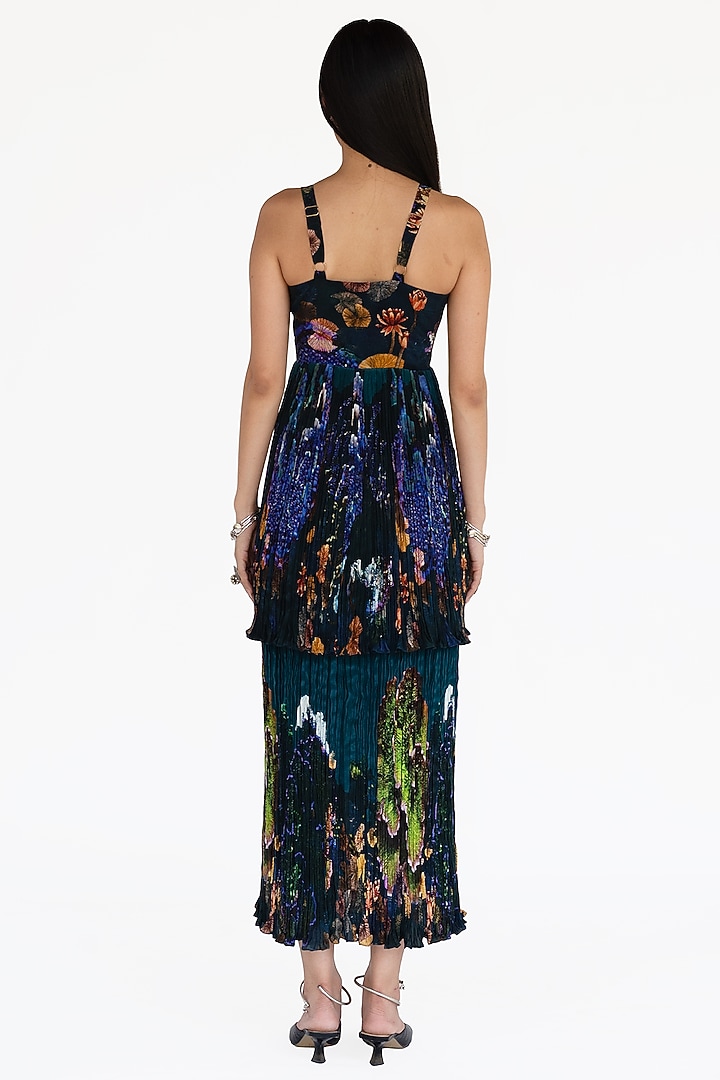 Midnight Blue Natural Silk Landscape Printed Pleated Summer Dress by AMKA at Pernia's Pop Up Shop