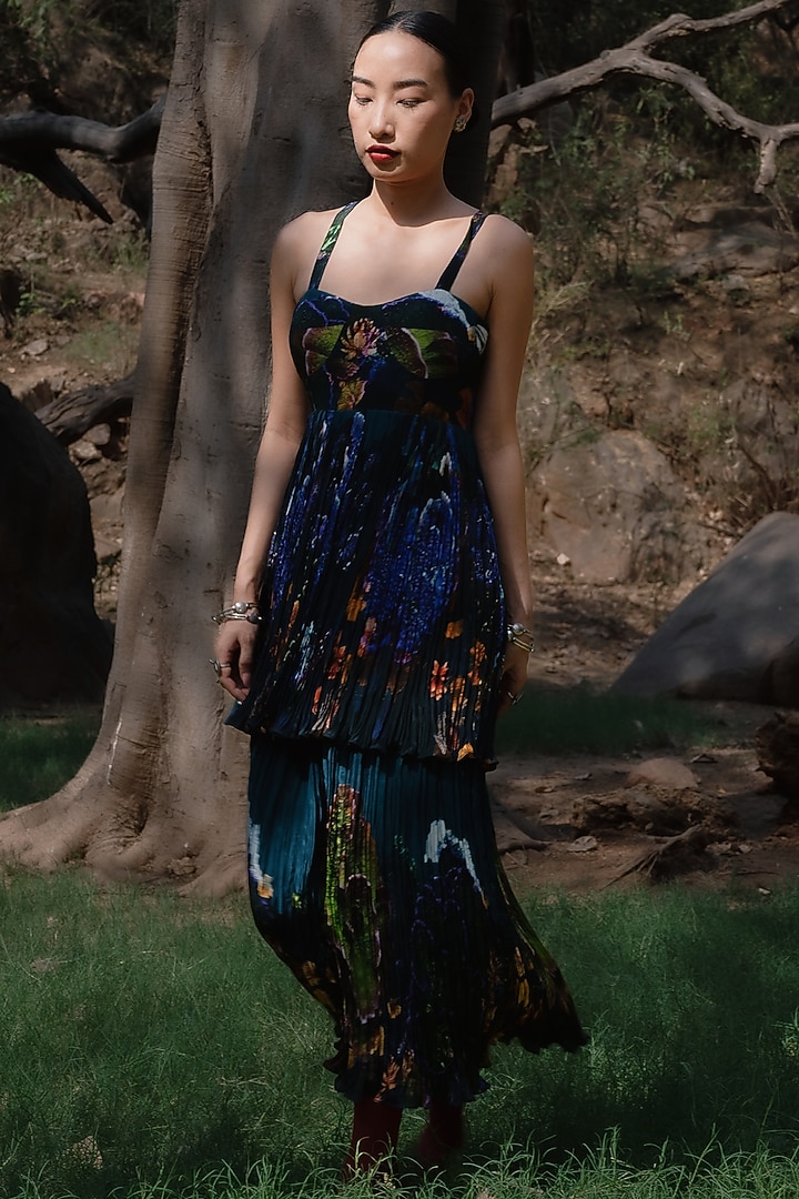 Midnight Blue Natural Silk Landscape Printed Pleated Summer Dress by AMKA at Pernia's Pop Up Shop