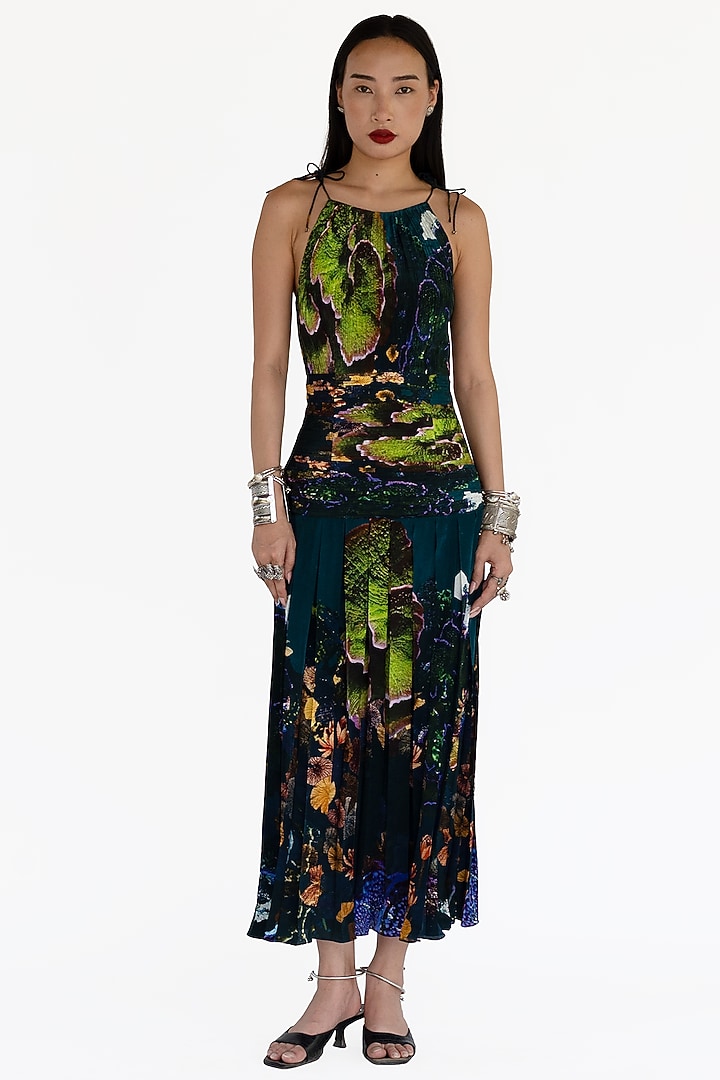 Midnight Blue Natural Silk Mosaic Printed Vacation Dress by AMKA INDIA at Pernia's Pop Up Shop