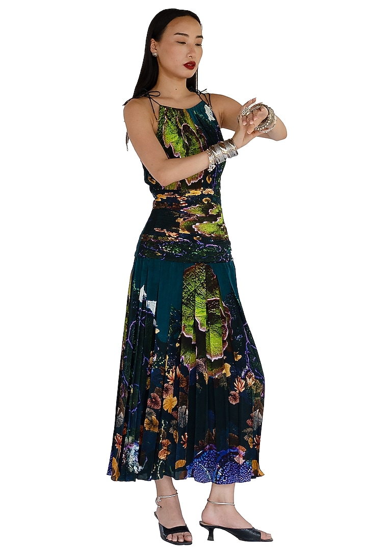 Midnight Blue Natural Silk Mosaic Printed Vacation Dress by AMKA at Pernia's Pop Up Shop