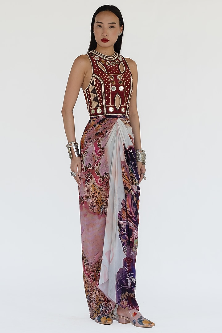 Rose Pink Natural Silk Draped Skirt Set by AMKA at Pernia's Pop Up Shop