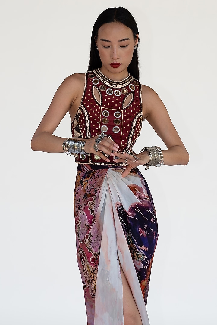 Rose Pink Natural Silk Draped Skirt Set by AMKA at Pernia's Pop Up Shop