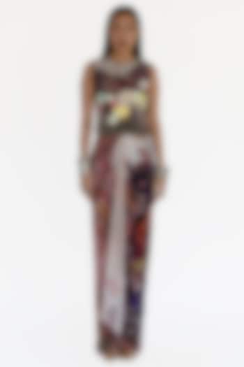 Rose Pink Natural Silk Printed Draped Skirt Set by AMKA INDIA at Pernia's Pop Up Shop