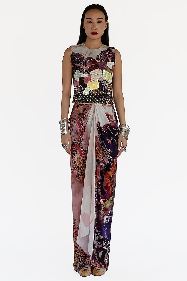 Rose Pink Natural Silk Printed Draped Skirt Set by AMKA INDIA at Pernia's Pop Up Shop