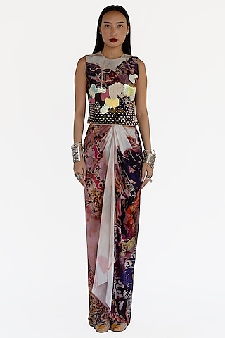 Rose Pink Natural Silk Printed Draped Skirt Set by AMKA