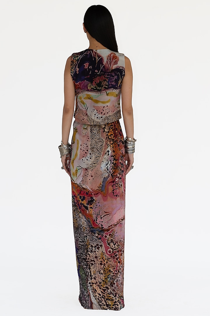 Rose Pink Natural Silk Printed Draped Skirt Set by AMKA at Pernia's Pop Up Shop
