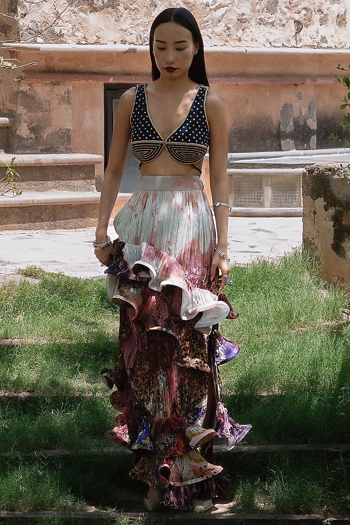 Rose Pink Natural Silk Hand Sculpted Maxi Skirt Set by AMKA INDIA at Pernia's Pop Up Shop