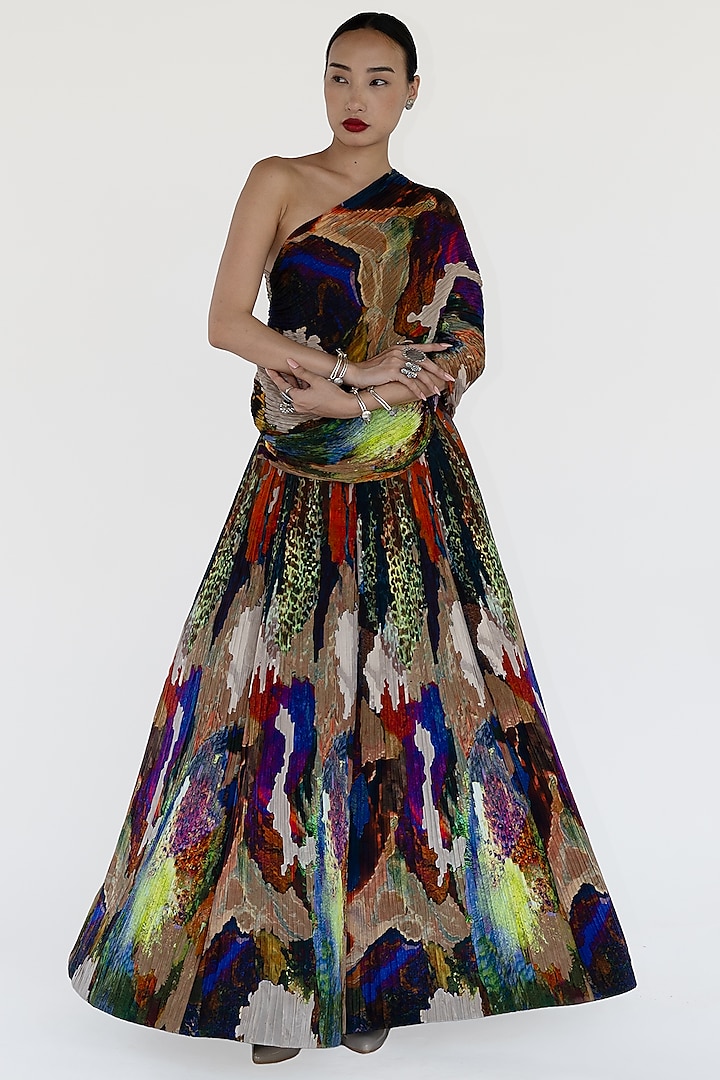 Multi-Colored Natural Silk Mosaic Printed Skirt Set by AMKA INDIA at Pernia's Pop Up Shop