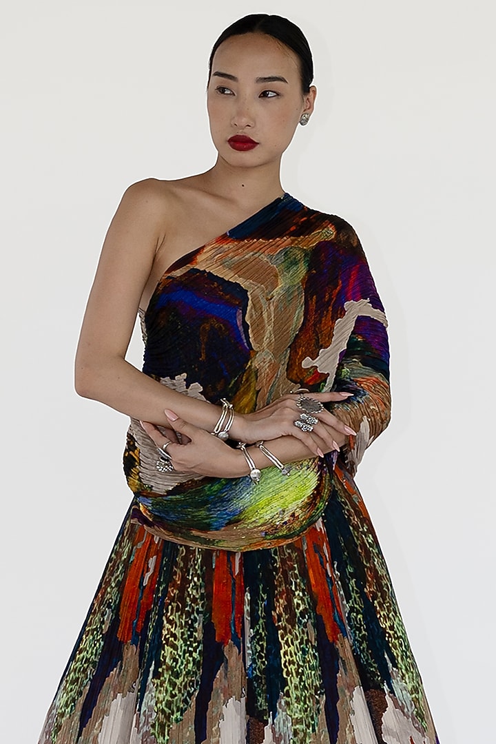 Multi-Colored Natural Silk Mosaic Printed Skirt Set by AMKA at Pernia's Pop Up Shop