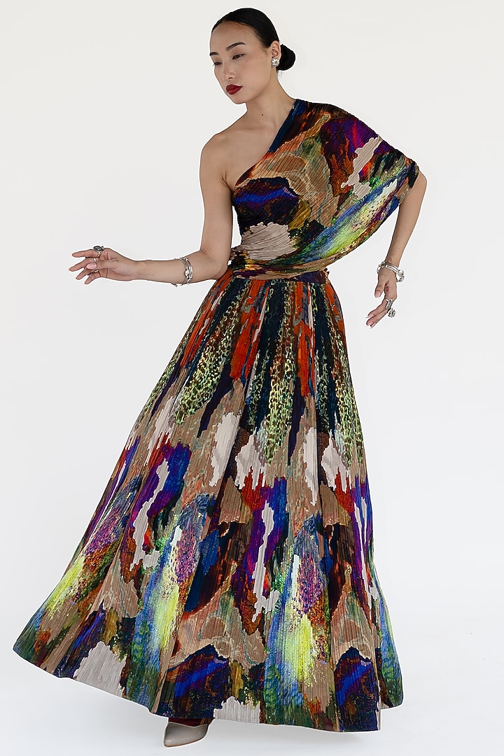 Multi-Colored Natural Silk Mosaic Printed Skirt Set by AMKA at Pernia's Pop Up Shop