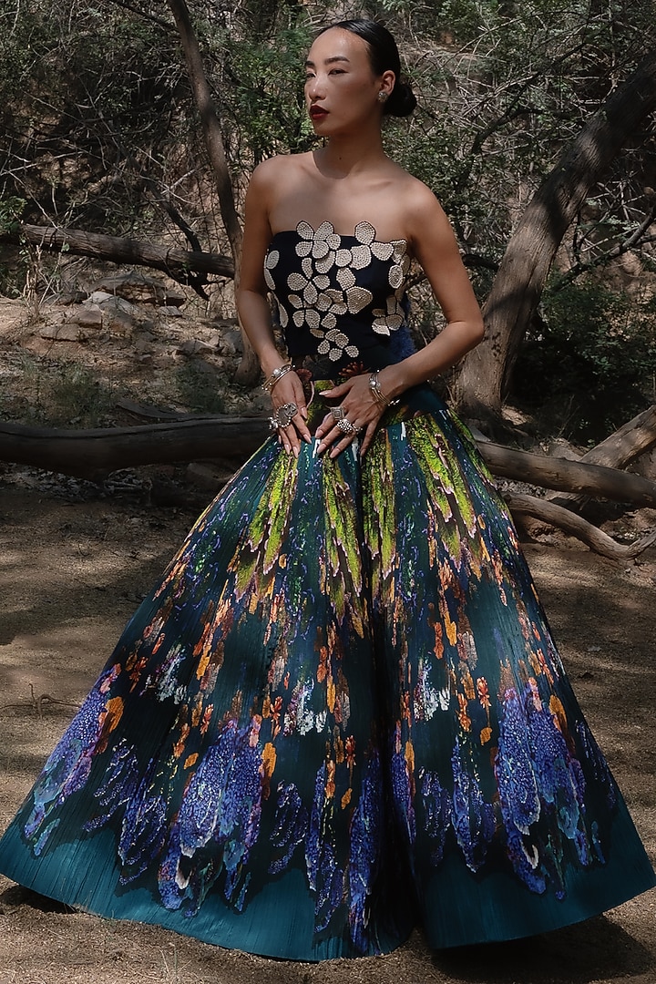 Midnight Blue Natural Silk Landscape Printed Skirt Set by AMKA INDIA at Pernia's Pop Up Shop