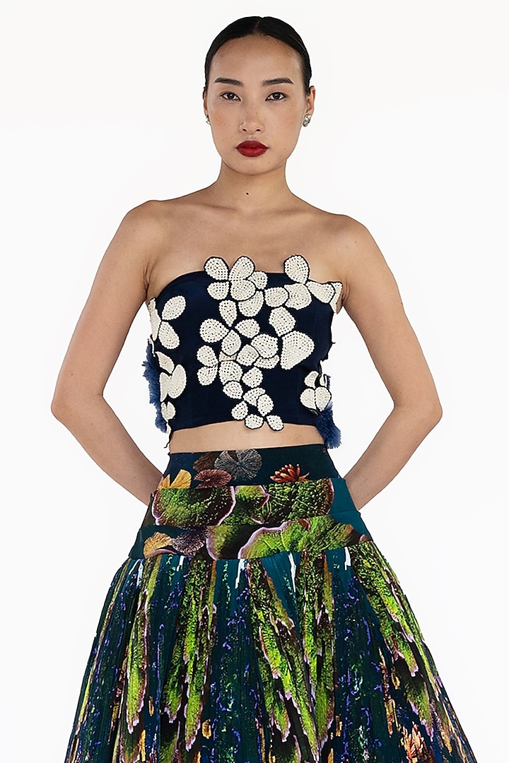 Midnight Blue Natural Silk Landscape Printed Skirt Set by AMKA at Pernia's Pop Up Shop